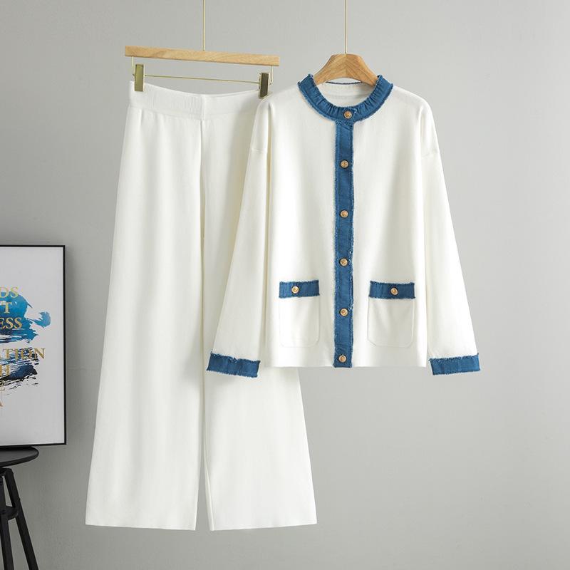 Women's Autumn Winter Knitted Denim Sweater & Wide Leg Pants Set