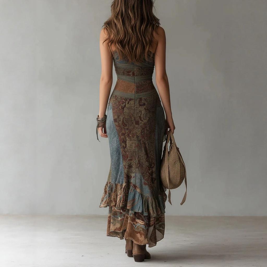 Women's One Shoulder Sleeveless Printed Maxi Dress High Waist Boho Asymmetric Hem Slit Dress