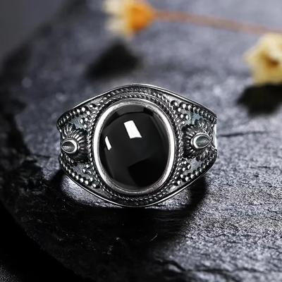 Sterling Silver 925 Vintage Rings Oval 8X10mm Rings Black Onyx Natural Fine Jewelry For Men Women Rhodochrosite Rings