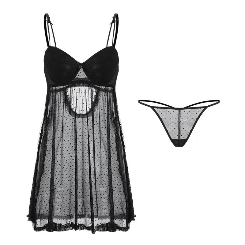 Sexy Lingerie Sexy Wave Dot Mesh Perspective Side Split Sling Nightdress Set