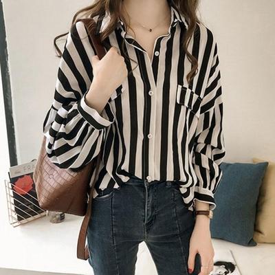 Plus Size Casual Office Lady Women Clothing Korean Pocket Turn Down Collar Striped Shirt Blouses Long Sleeved Top