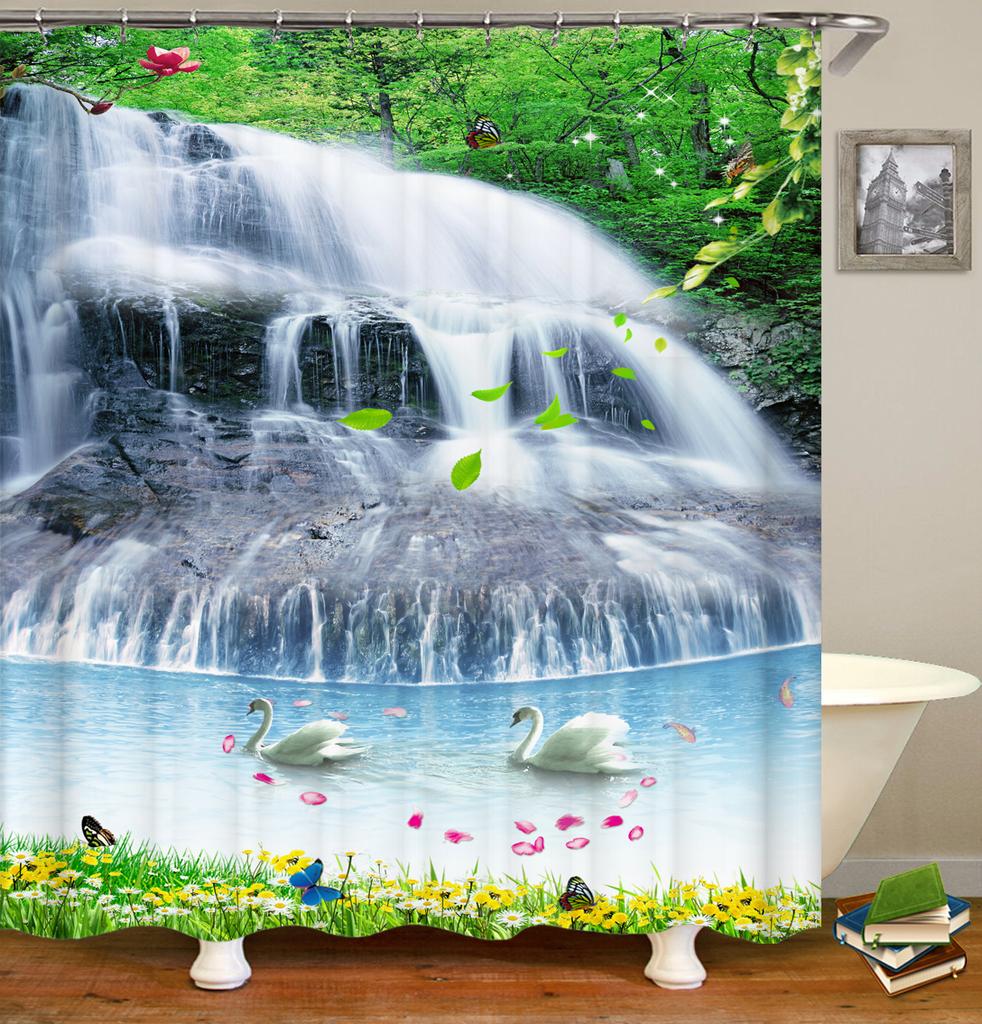 Forest Landscape Bathroom Curtain 3D Natural Scenery Waterfall Printing Shower Curtains Waterproof Polyester Home Decoration