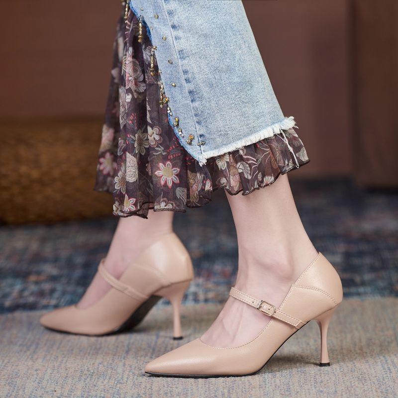 Small Size Women's Shoes 313233 Soft Leather Pointed Toe Nude High Heels, Plus Size 41 To 43 with a Low-heeled Work Shoe