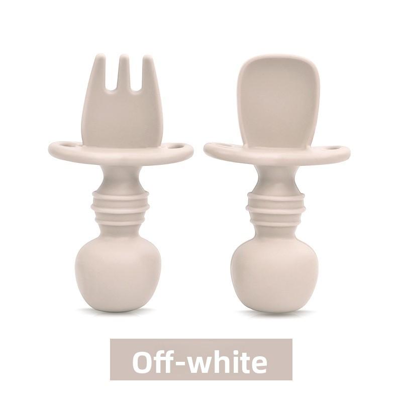

Children s Short Handle Baby Complementary Feeding Training Soft Not Hurt Teeth Baby Fork Spoon beige