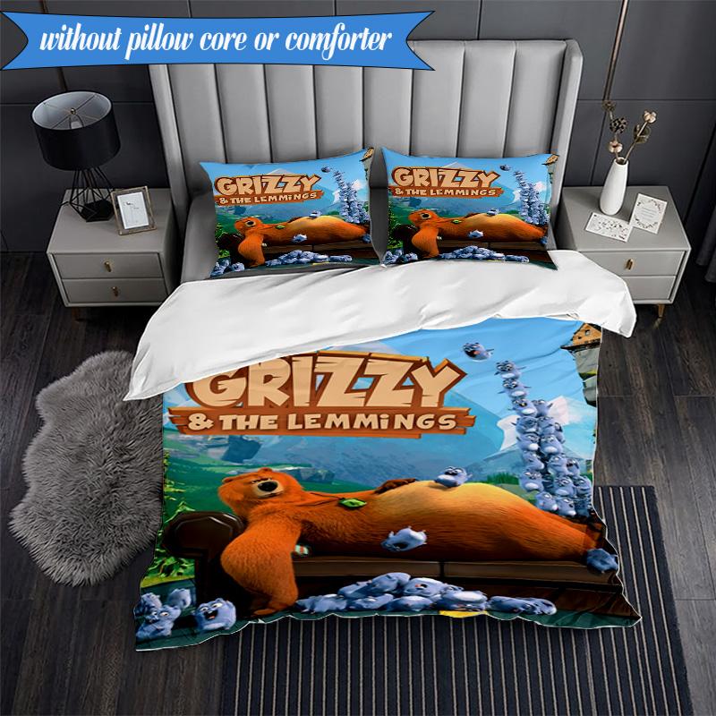 Bear And Blue Critter Adventure 3pcs K-pop music group Bedding set,Ideal for Bedroom, Dormitory,Including Duvet Cover And 2pcs Pillowcases,Fan gifts