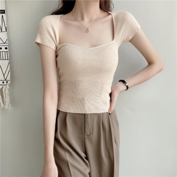 Actual Price Summer Sexy Arc Neckline Knit Shirt Short Section Navel Short-sleeved Tops Casual Essential Comfort and Style Slim Fit Pullovers Tees