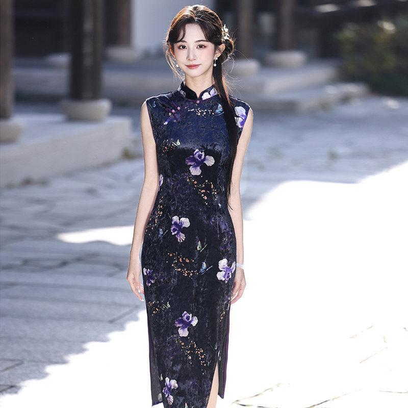 Černý sametový bez rukávů národní styl nový čínský styl Suzhou dlouhé čchang-pao vylepšený mladý 1011 nový dámský vysoký pocit