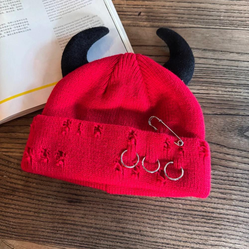 New With Devil Horns Winter Knitted Beanie Warm Pin Decoration Distressed Skull Cap Elastic Solid Color Hip Hop Cap Men Women
