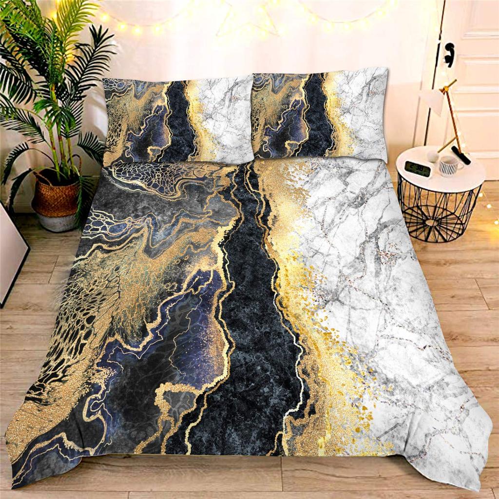 Marmurowy Zestaw Poszewek na Kołdrę Rozmiar Pełny Złoty Marmurkowy Wzór Zestaw Pościeli 3szt. do Pokoju Chłopca Dziewczynki, Abstrakcyjna Tekstura Kamienia Poszwa na Kołdrę