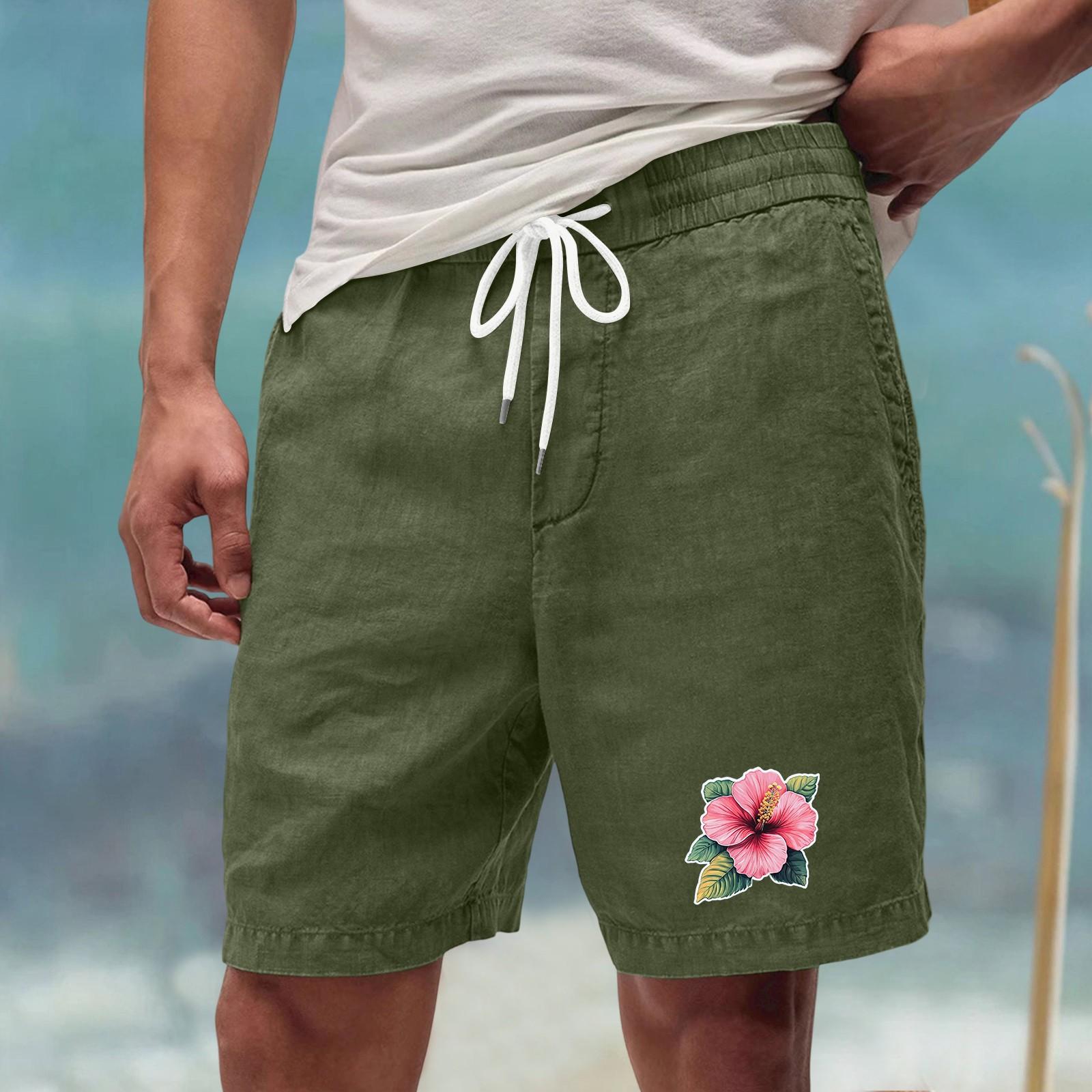

Men s Casual Drawstring Elastic Waist Shorts with Floral Embroidery Lightweight Breathable Summer Beachwear L