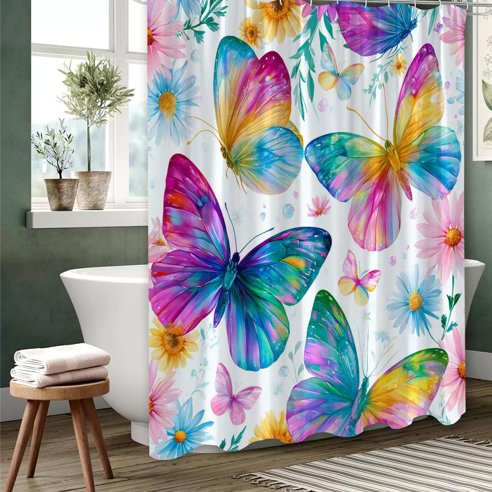 1 pc Colorful Flowers and Butterflies Print Shower Curtains With Hooks Bathroom Curtain Home Decoration Curtain Machine Washable