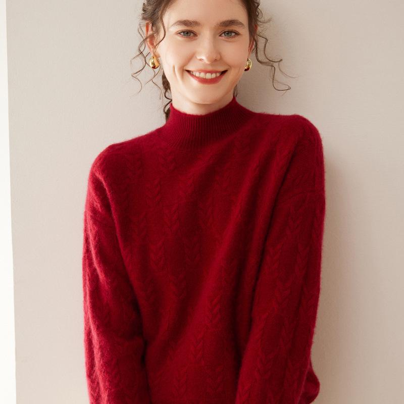 2024 Autumn/Winter Cashmere Sweater: Ladies' Half-High Neck, Wheat Ear Jacquard, Korean-Style Loose Slimming Knitwear