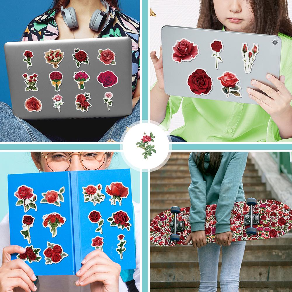 50PCS Waterproof Red Rose Graffiti Stickers for Water Bottles & Phones - Creative Plant Decals