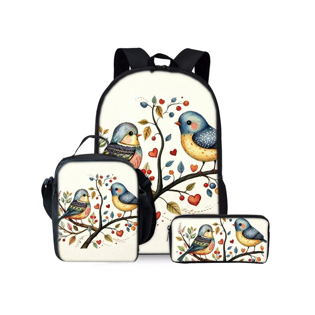 Set di Zainetti Tre Pezzi con Stampa di Uccelli per Ragazzi e Ragazze Migliori Regali Zaino Scolastico Cartoon Piatto 2D per Bambini