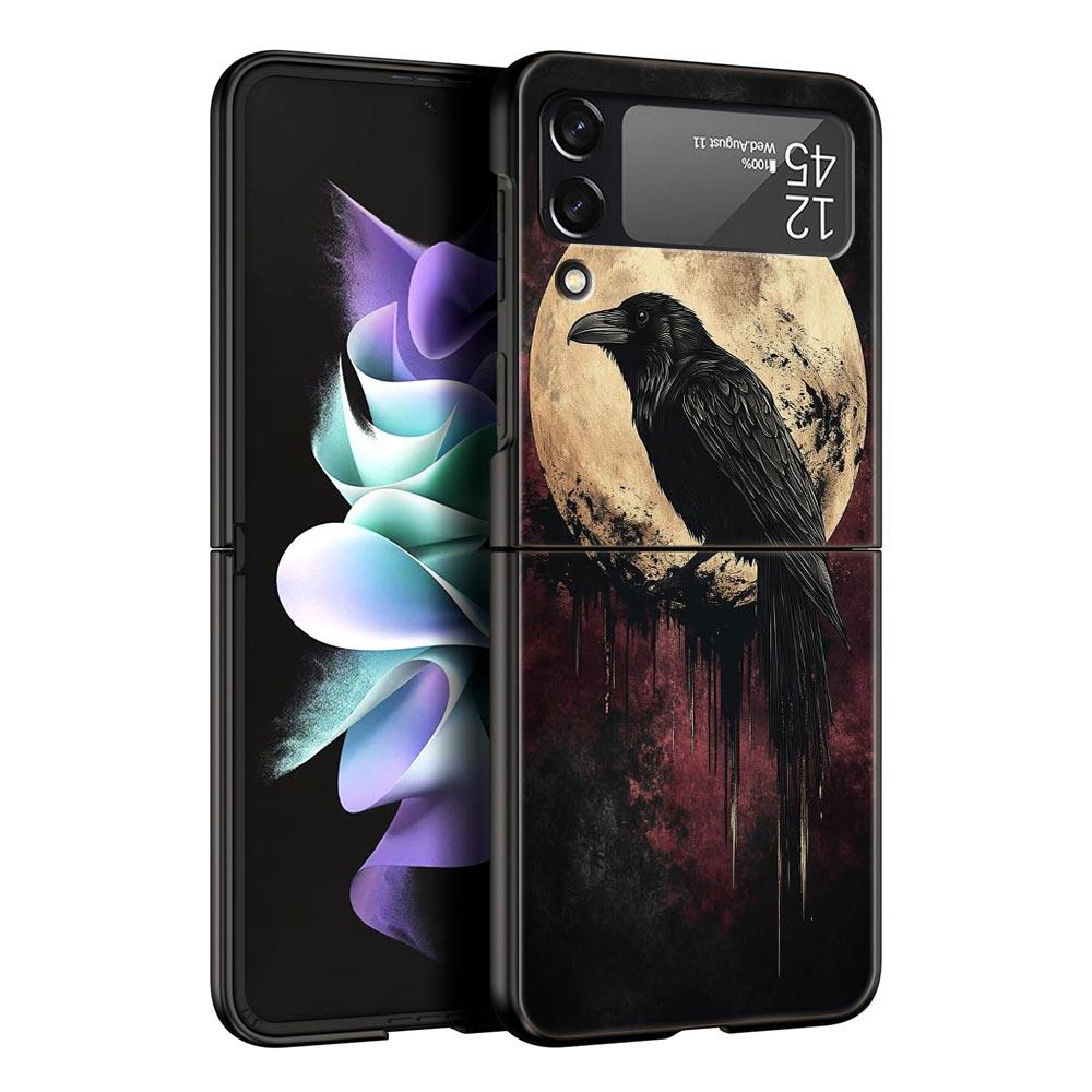 Black Raven Hard PC Phone Case For Samsung Galaxy Z Flip 7 6 5 4 Black Cover For Galaxy Z Flip 3 Foldable Shell Fundas Capas Bag