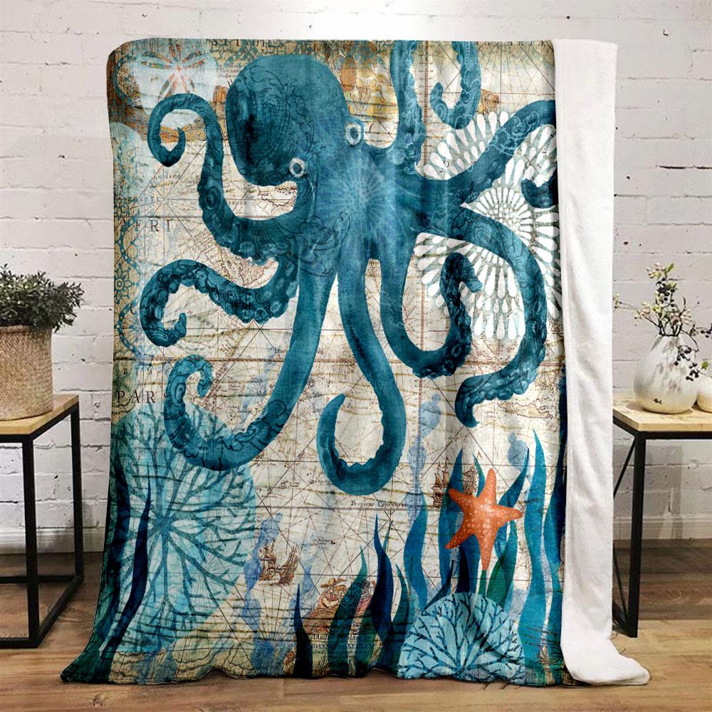 Retro Ocean Themed Blanket with Octopus and Old Nautical Map Print Blanket for Livingroom Couch lunch break Soft throw for Friend's festival Gift
