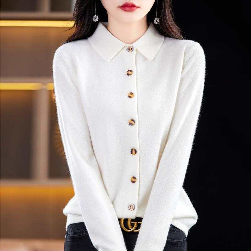 Polo Collar Knitted Cardigan for Women In Autumn and Winter New Andy Velvet Lapel Long Sleeve Top Skin-friendly and Warm Loose Jacket