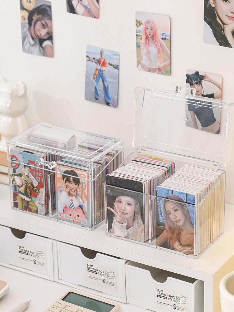 Clear Acrylic Small Card Storage Box - 2-Compartment Flip Top Display Card Case for K-Pop Photocards Anime Collectibles