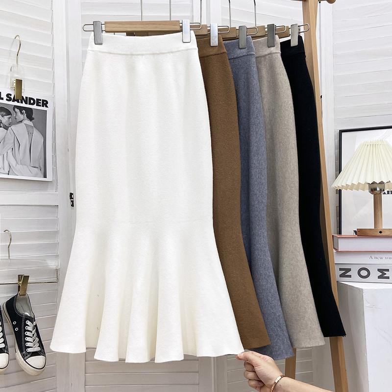 Mid To Long Knitted Fishtail Skirt for Women Autumn and Winter High Waist and Hip Hugging Skirt Half Skirt