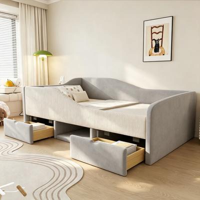 Upholstered Bed Children's Bed 90*190, Multifunctional Bed with Two Drawers and Guardrails, Skin-Friendly Velvet Fabric, Without Mattress Grey