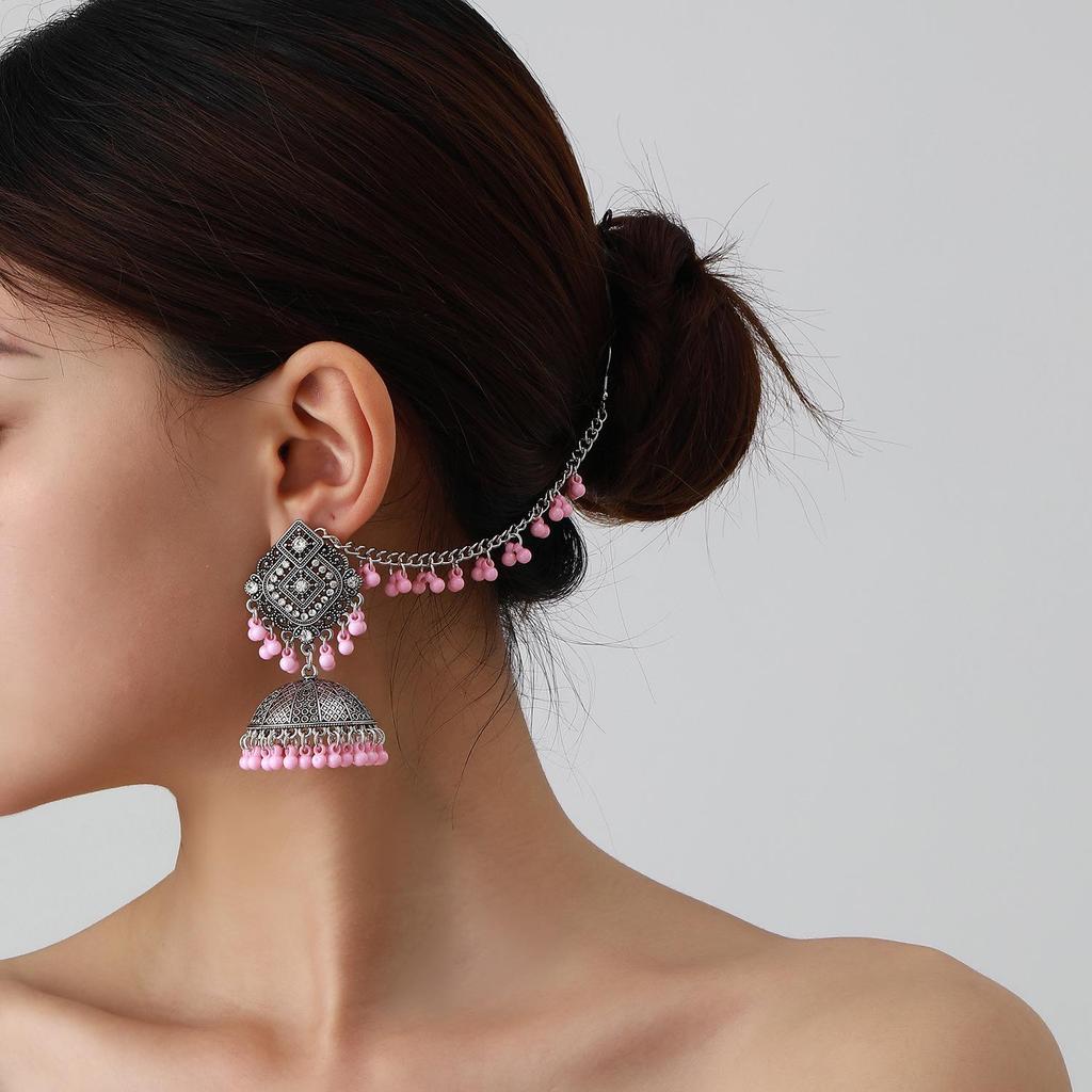 Bohemian Exotic Rhinestone Tassel Necklace & Earrings Set In Antiqued Alloy
