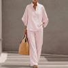 Damen Lockerer Schnitt Freizeit Gestreift Leinen Zweiteiliges Set Hemd und Hose Bequem Entspannter Schnitt Leicht Sommer Outfit