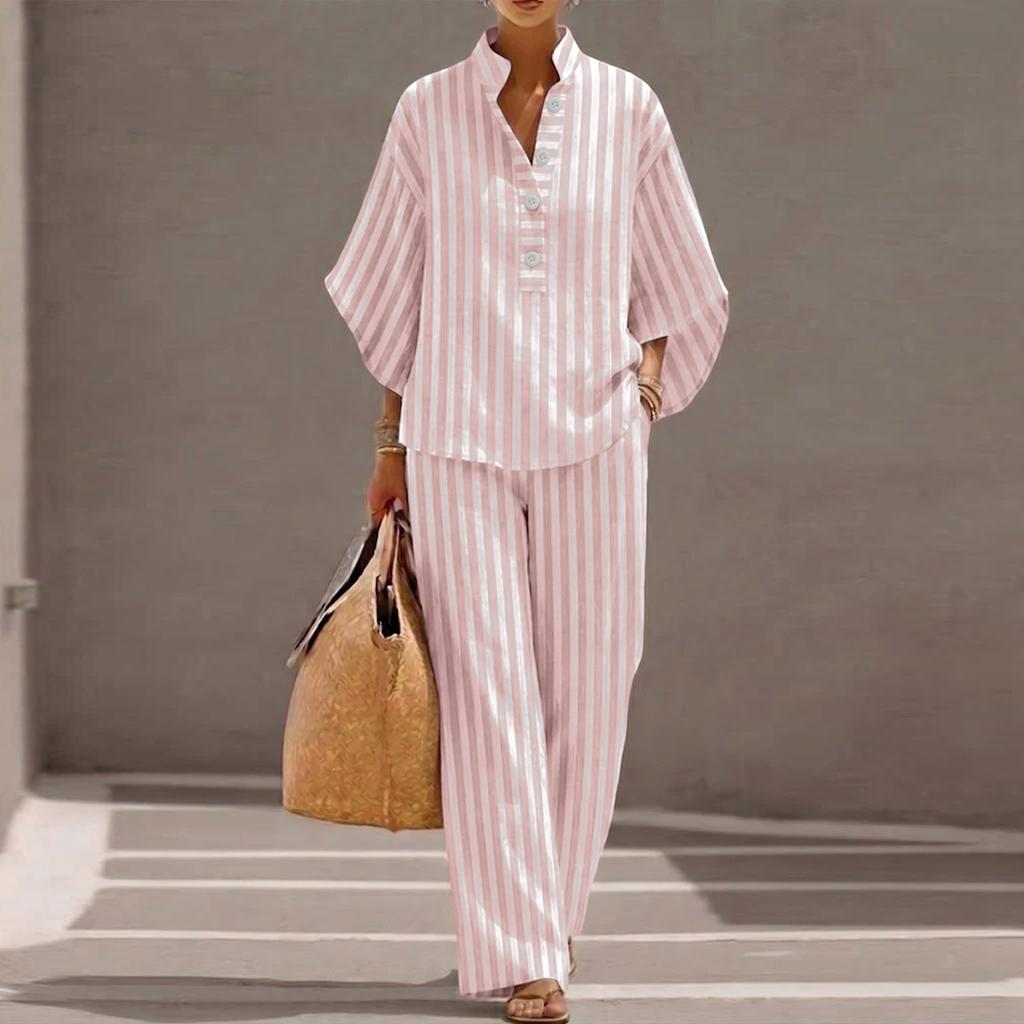 Damen Lockerer Schnitt Freizeit Gestreift Leinen Zweiteiliges Set Hemd und Hose Bequem Entspannter Schnitt Leicht Sommer Outfit