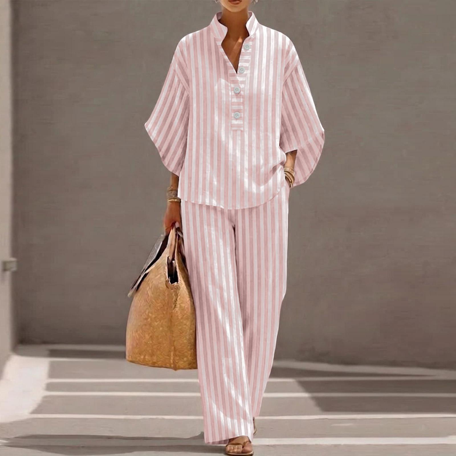 Women Loose Fit Casual Striped Linen Two Piece Set Shirt and Pants Comfortable Relaxed Fit Lightweight Summer Outfit S розовый