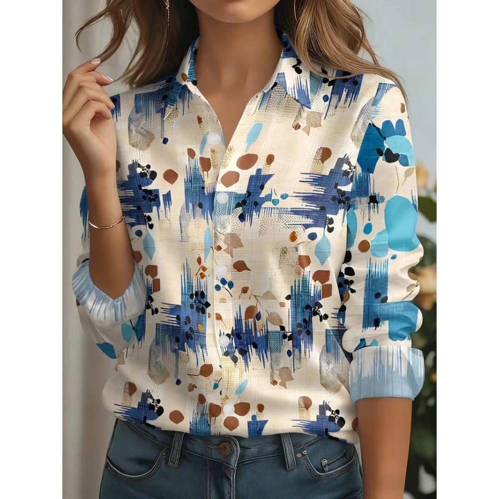 Plus Size Women's Shirt Elegant Cat Printed Spring Autumn Blouse Top