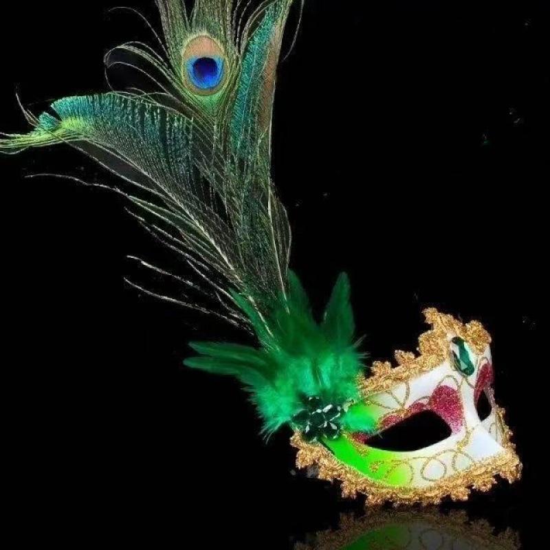 Masquerade Mask Women Peacock Feather Mask Mardi Gras Mask Fashion Blue Green Metal Shiny Rhinestone Halloween Party