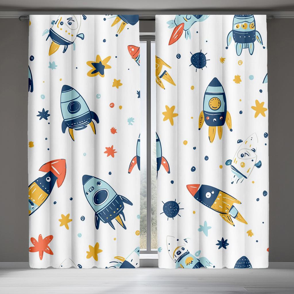 Set Of 2 Outer Space Rocket Curtains Adventure Print Planets Stars Bedroom Decorative Curtain Polyester Perfect For Sleeping Area