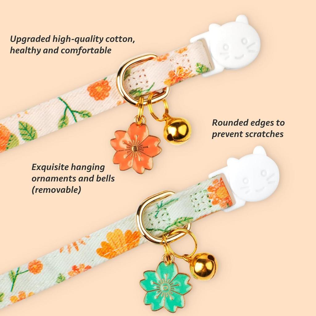 New 2 Pack Cotton Breakaway Cat Collar Pink Strawberries and White Heart Shaped Pendant Cute Kitten Cat Collar with Bell