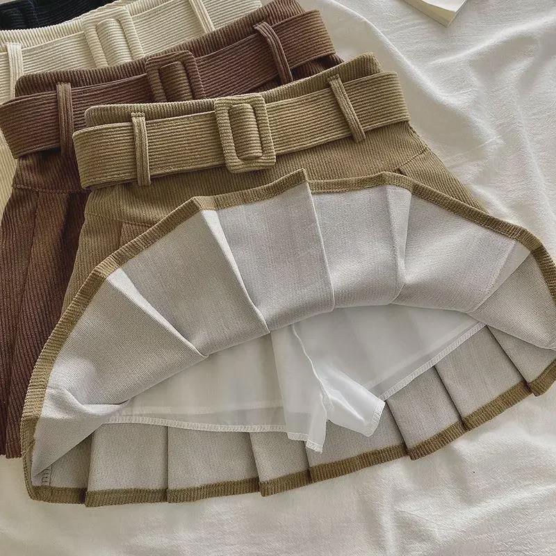 Women's Corduroy Pleated A-Line Skirt – High Waist, Slim Fit, College Style for Spring, Autumn, and Winter 2024