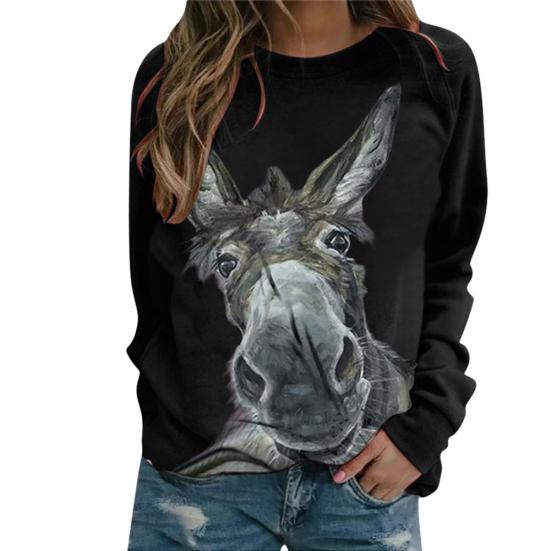 Damen Langarm Pullover Bluse Esel Print Lose Sweatshirt