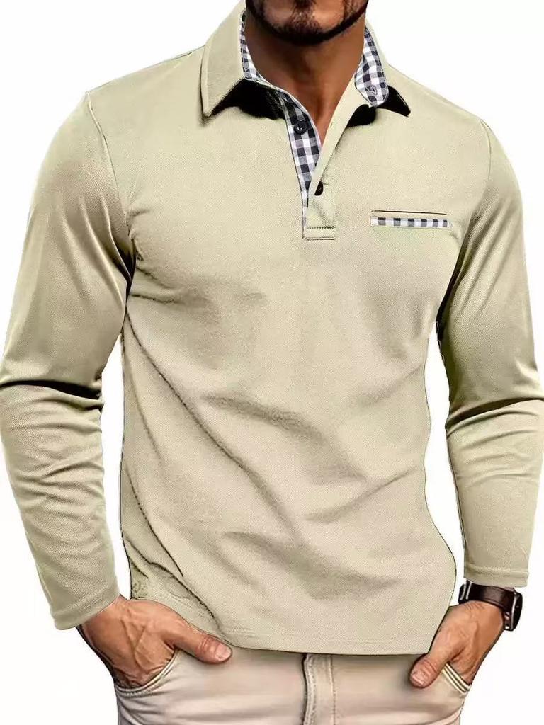 2026 New European and American Men's Casual Fashion Long-sleeved POLO Shirt, Foreign Trade Lapel Long-sleeved Color Matching T-shirt