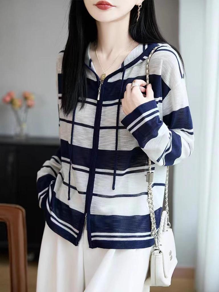 Women's Autumn Korean Striped Bamboo Linen Hooded Cardigan - Loose, Slimming Design