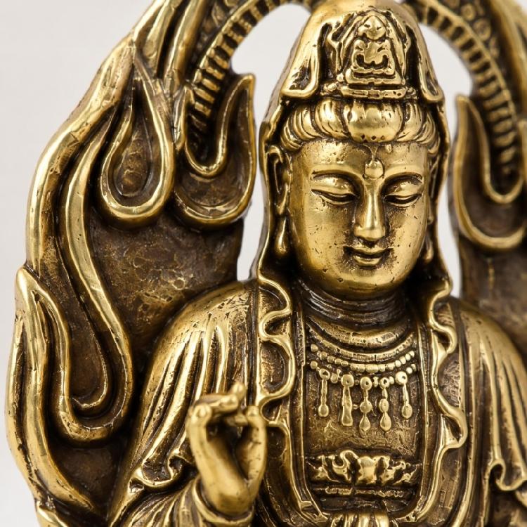 Metal Bodhisattva Sculpture with Aged Finish and Integrated Round Base for Desk, Windowsill, Tea Table, Entryway, or Shelf Placement