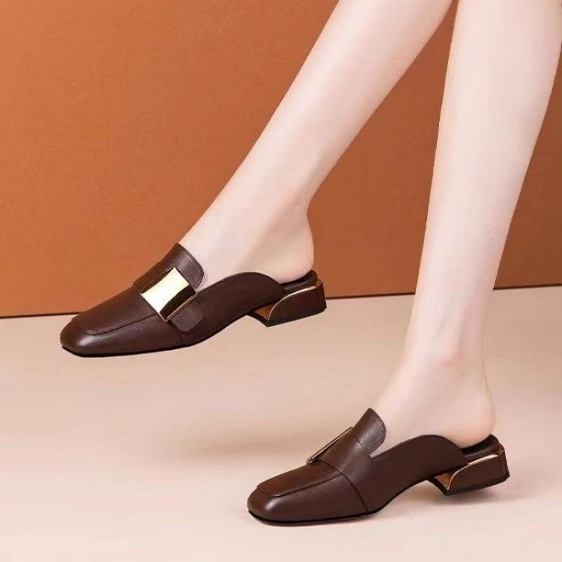 Half-bag head slippers women's summer fashion outer wear versatile square head sandals low-heeled women's shoes 2024 new