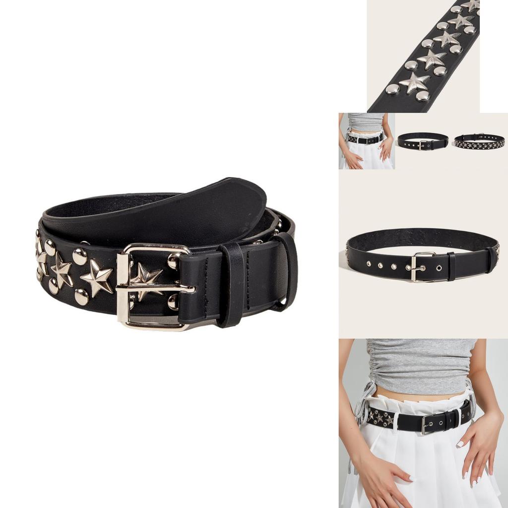 New Star Studded Fashionable Punk Style Wide Belt For Women's Jeans Faux Leather Material