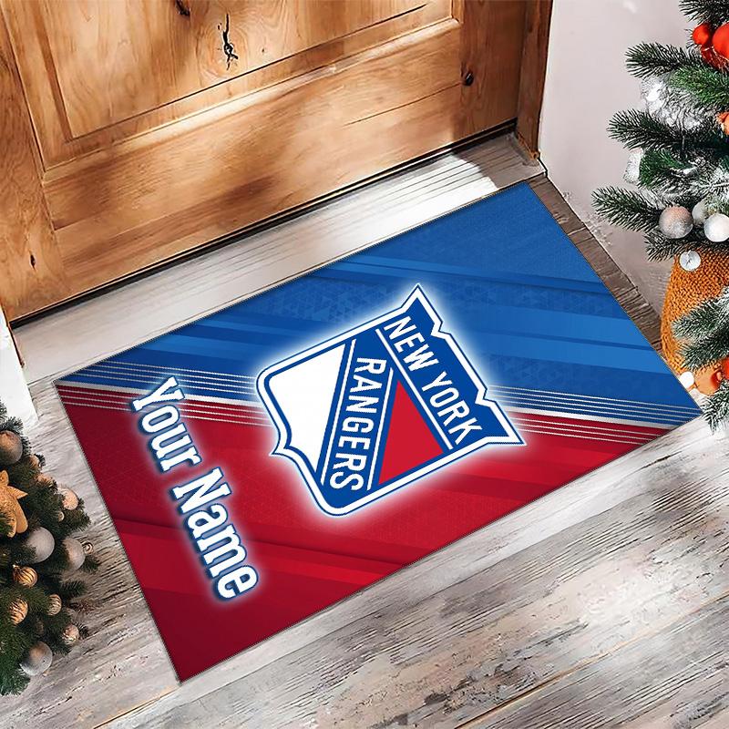 New York Rangers Crystal Velvet Rug, Custom Name Text Personalized Non‑Slip Floor Mat for Home Decor Gift