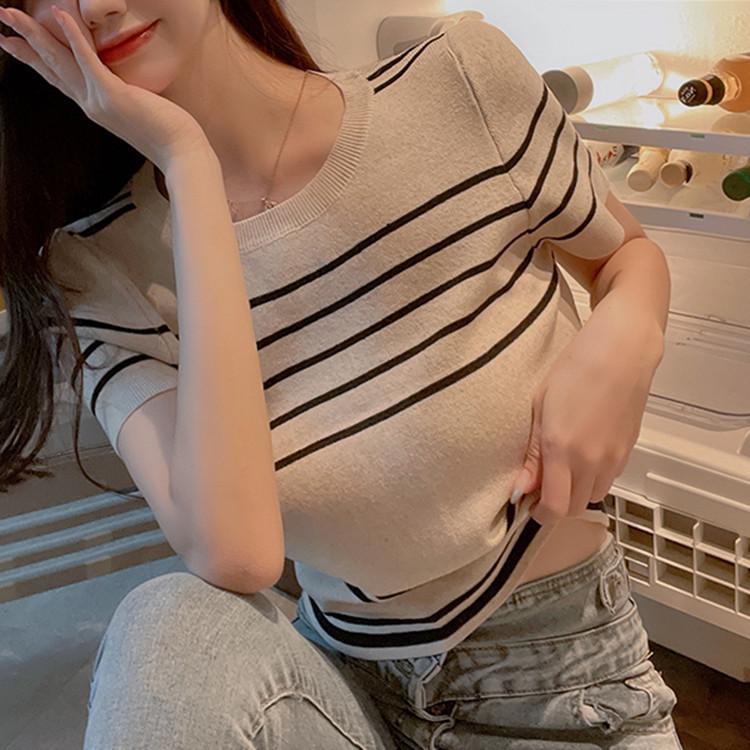 Striped Knit Summer Loose Retro Pit Stripes Round Neck Versatile Short-sleeved Women's Top Tide Casual Essential Comfort Style Slim Fit Pullovers Tees