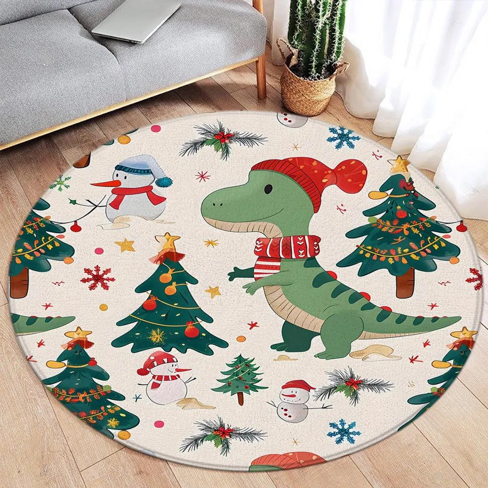 Cartoon Christmas Dinosaur Round Carpet Snowman Xmas Tree Cartoon Animal Kids Mat Home Living Room Bedroom Decorative Floor Rugs