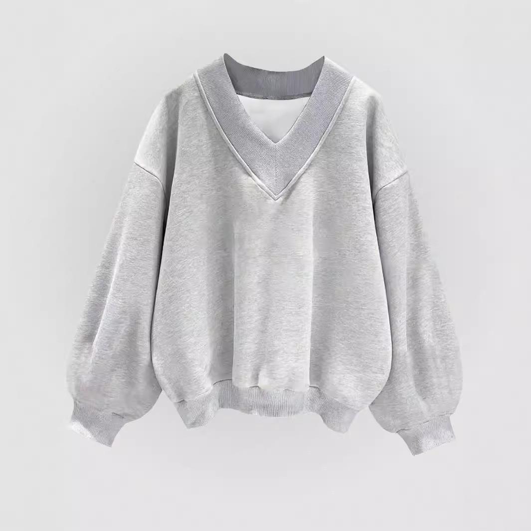 

Свитшот серого цвета с V-образным вырезом в корейском стиле, с коротким рукавом, повседневного свободного кроя, удобный осенний топ. M светло-серый