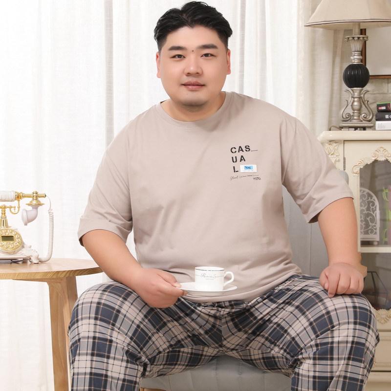 Мужской хлопковый комплект пижамы Mei Ji Yun Большого размера 5XL - С круглым вырезом, с коротким рукавом топ и длинные брюки 5XL (approx. 120-140 kg) beige