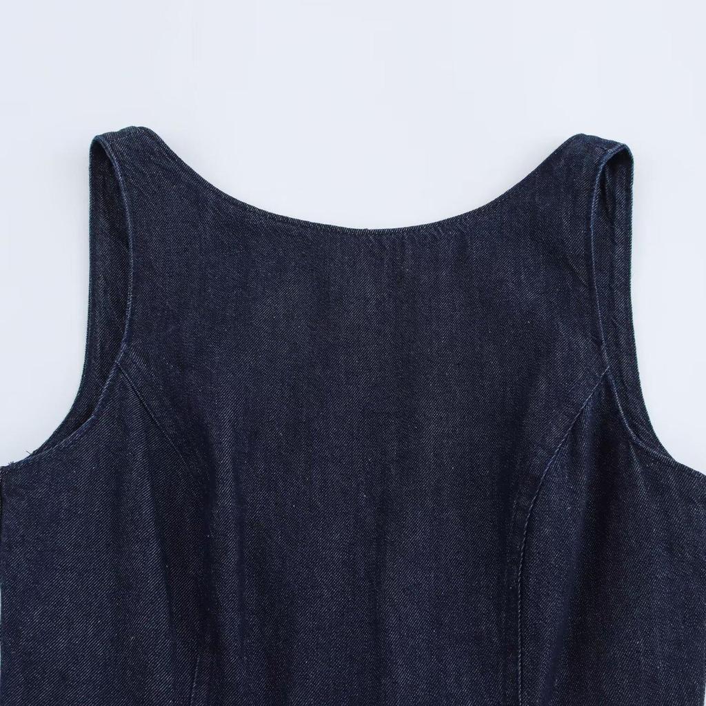 2025 Spring Women's Slim Fit Denim Dress with Layered Decor & Backless Design