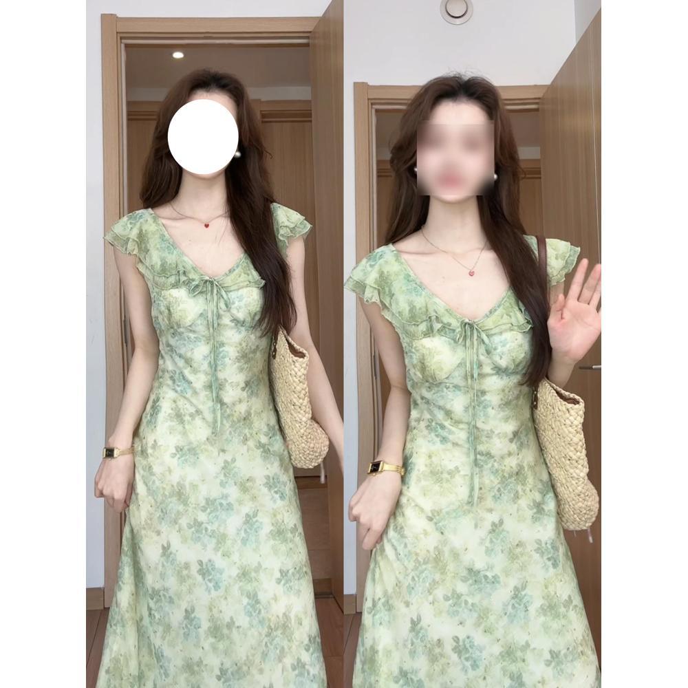 

Женское летнее ветреное романтичное пляжное платье для отпуска на море, зеленое цветочное платье с V-образным вырезом и маленькими рукавами-крылышками XL- (recommended 110-60kg)