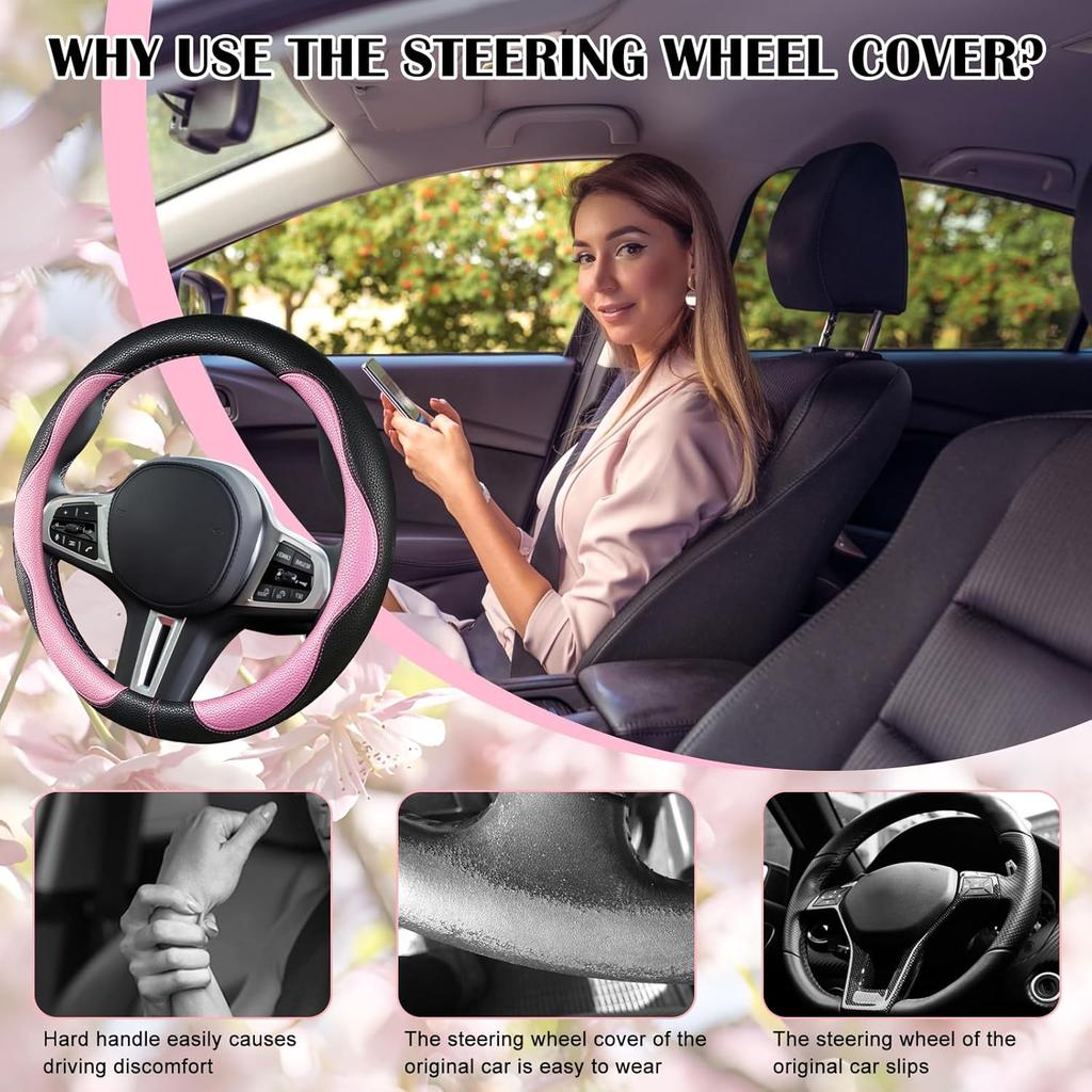 SuperKaKa Car Steering Wheel Cover 2025, Universal Auto PU Cute Breathable Slip-Proof Comfort Imitation Leather Protector Cars Interior Accessories