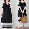 Real Summer New Korean Version Large Size Loose Splicing Striped Cotton and Linen Short-sleeved Dress Women's Clothing Medium and Long