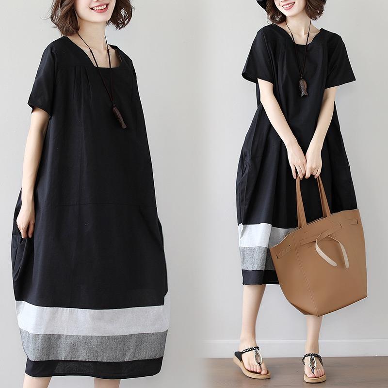 Real Summer New Korean Version Large Size Loose Splicing Striped Cotton and Linen Short-sleeved Dress Women's Clothing Medium and Long