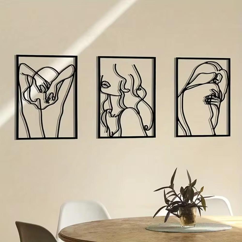3 Pcs Modern Black Metal Wall Sculpture - Minimalist Home Decor. Abstract Single Line Design for Living Room or Bedroom.